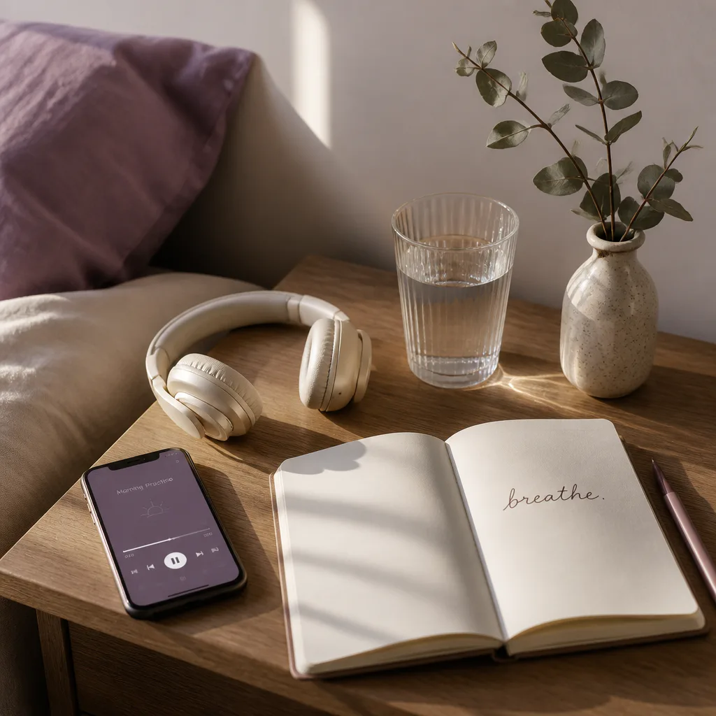Audífonos y cuaderno listos para la práctica matutina
