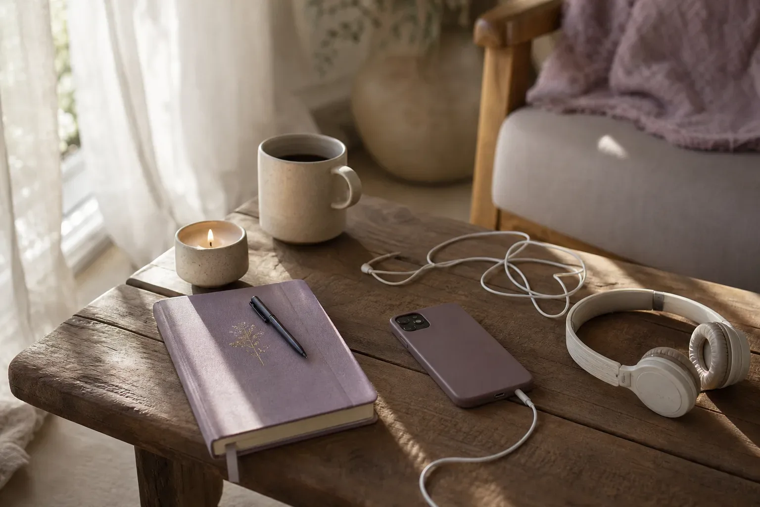 Phone and candle beside a quiet morning chair