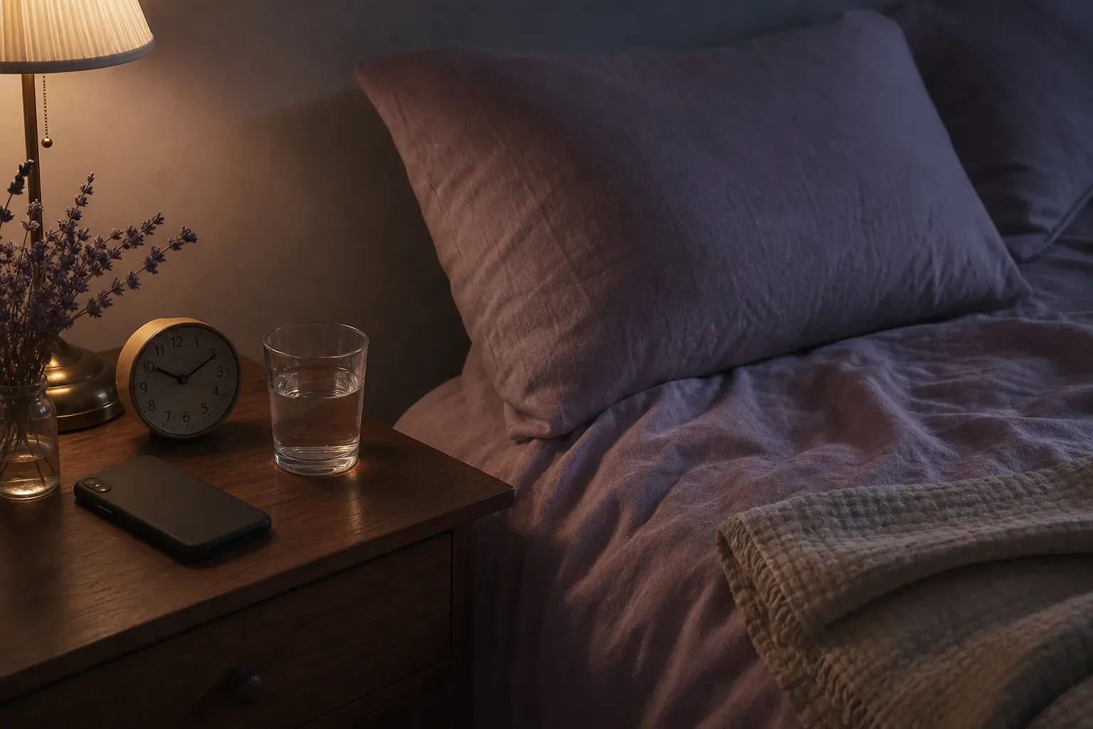 Bedside phone beside a glass of water at night