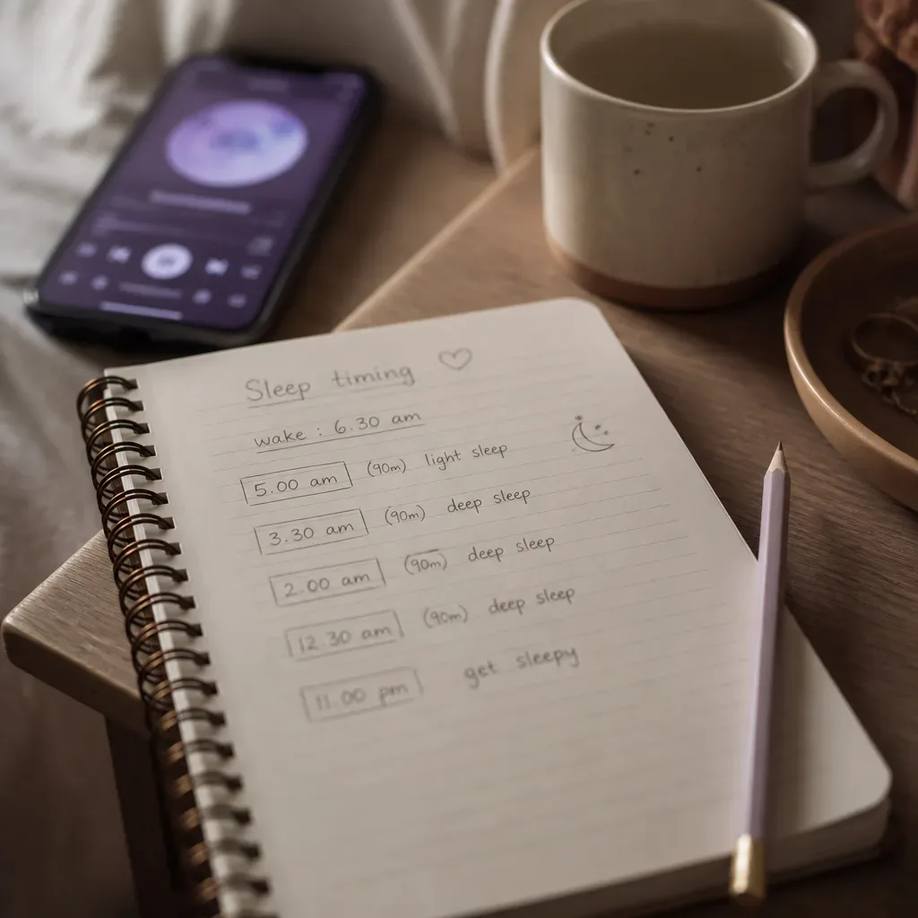 Notebook showing sleep cycles counted from wake time