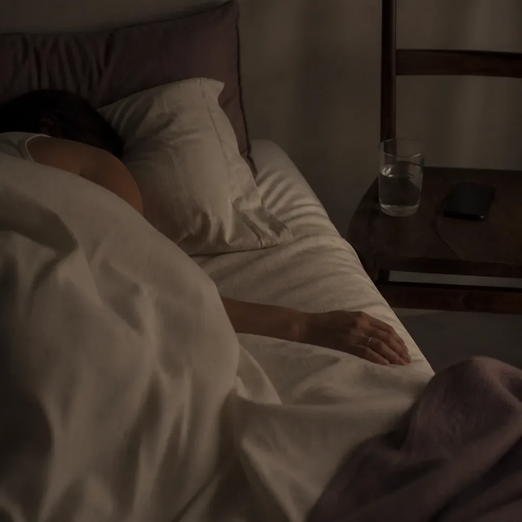 Dark bedroom with phone resting untouched beside bed