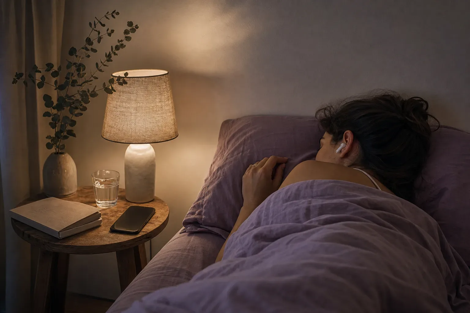 Mujer escuchando en silencio en la cama antes de dormir