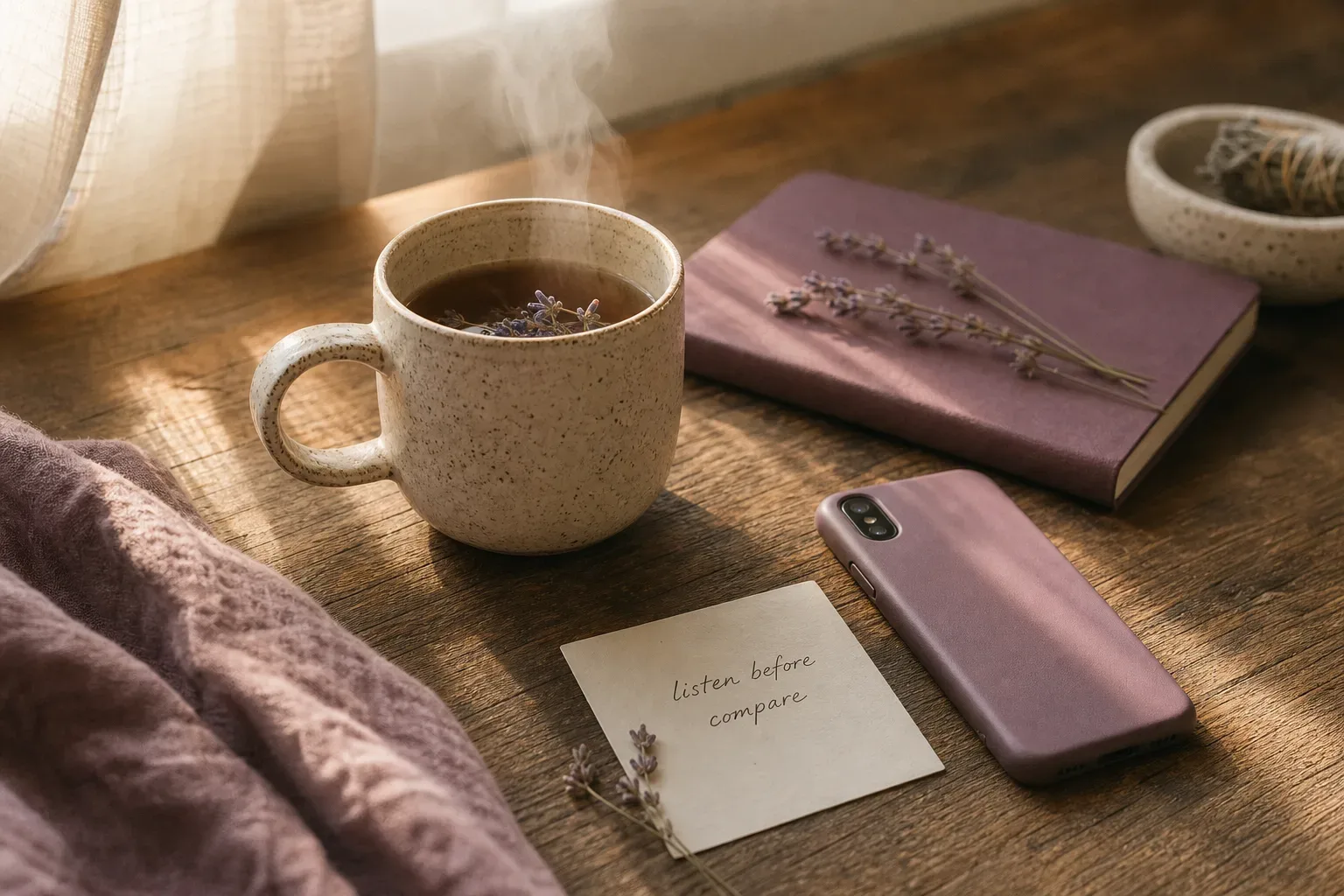 Taza de té tranquila junto a una afirmación escrita a mano