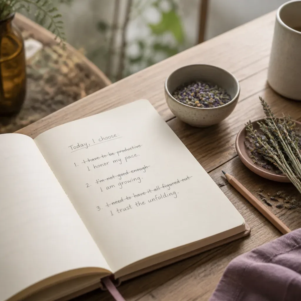 Cuaderno con afirmaciones honestas junto a hierbas secas
