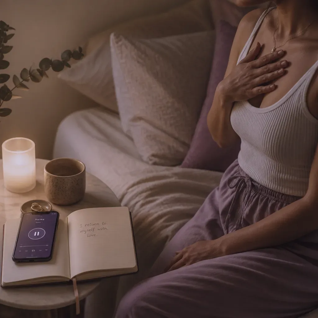 Mujer escuchando audio junto a una afirmación escrita a mano