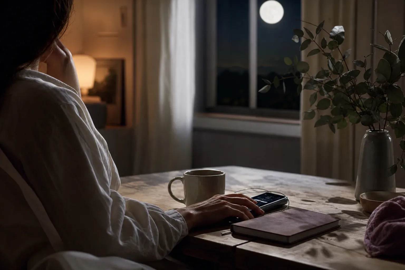 Woman listening by a window under full moonlight