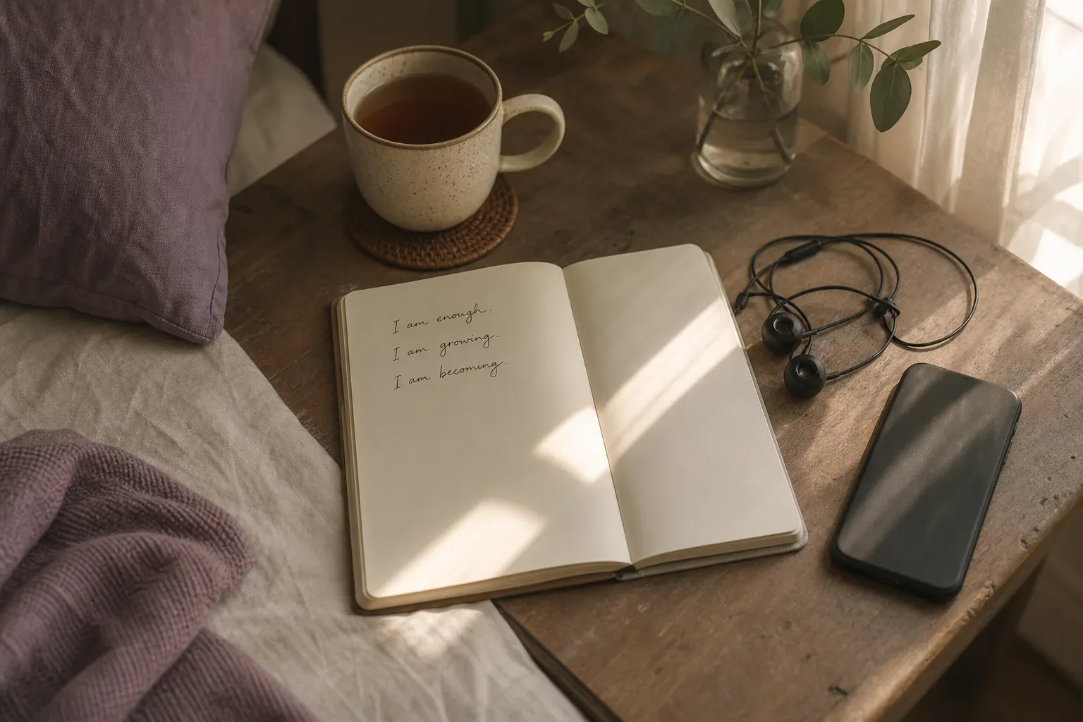 Audífonos junto a un cuaderno bajo la luz de la mañana