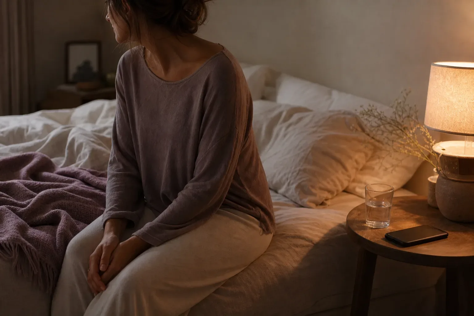 Frau ruht neben einer sanften Nachttischlampe