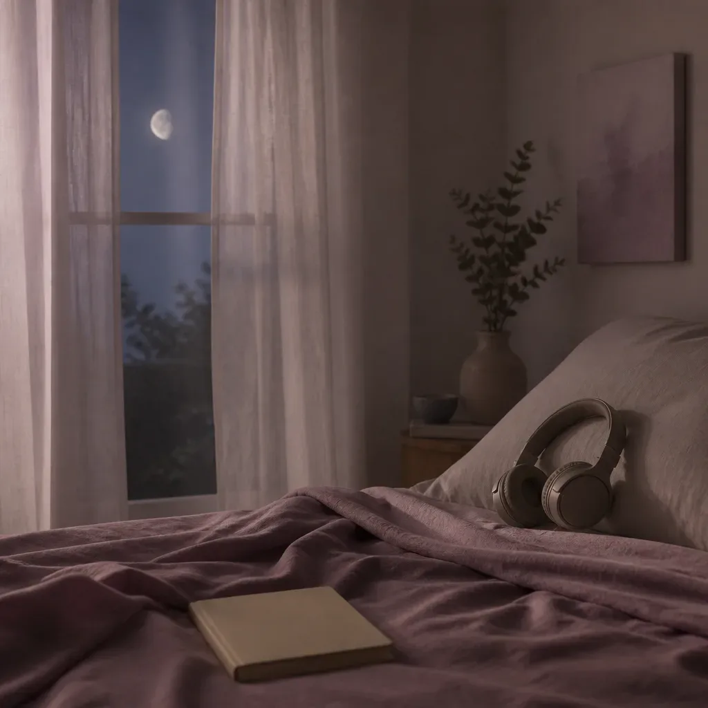 Finestra al chiaro di luna accanto a cuffie su un cuscino