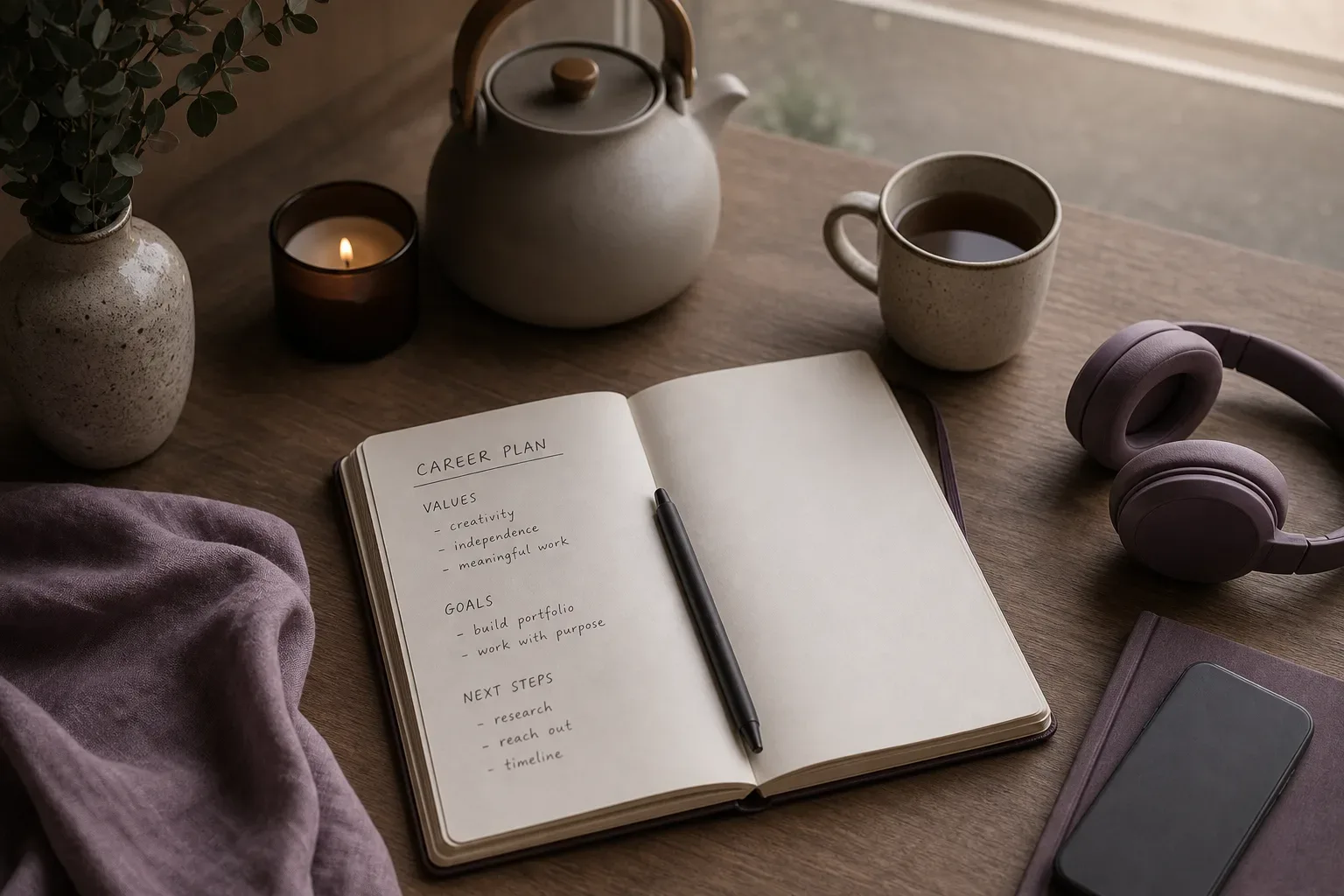 Notebook, tea, and headphones on a quiet desk