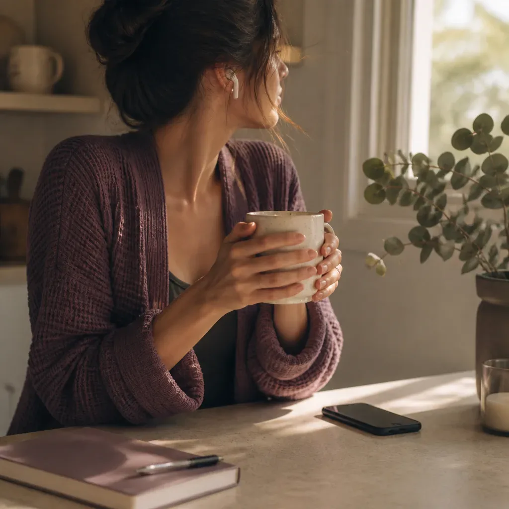 Person listening before taking the first coffee sip