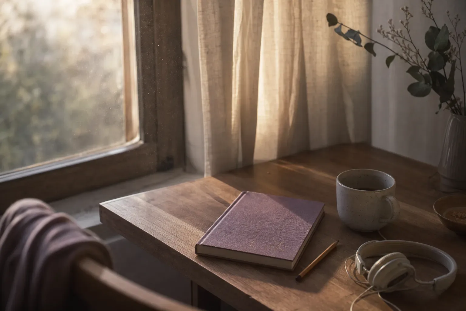 Notebook and headphones beside morning window light