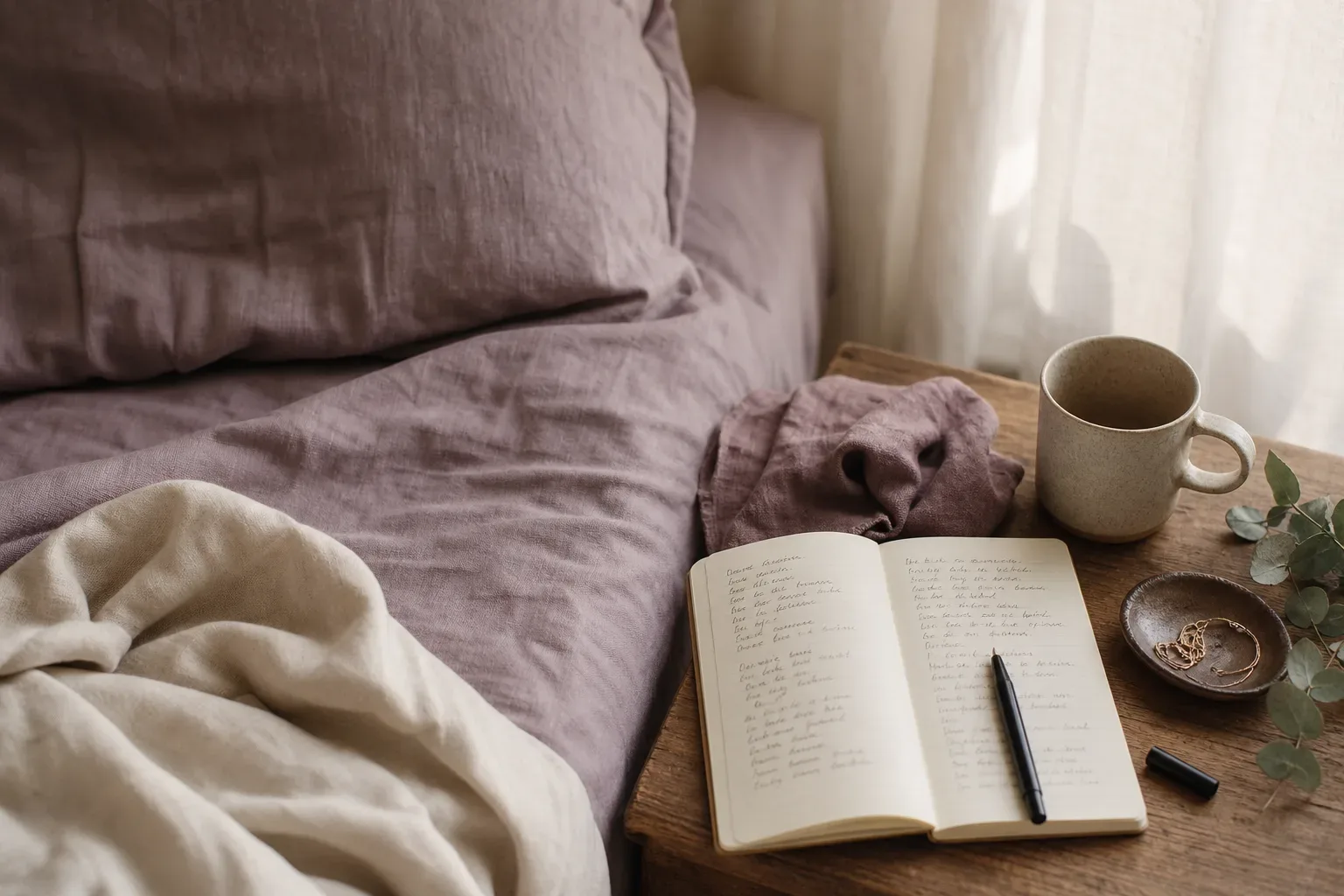 Notizbuch und Tee neben einem stillen Morgenbett