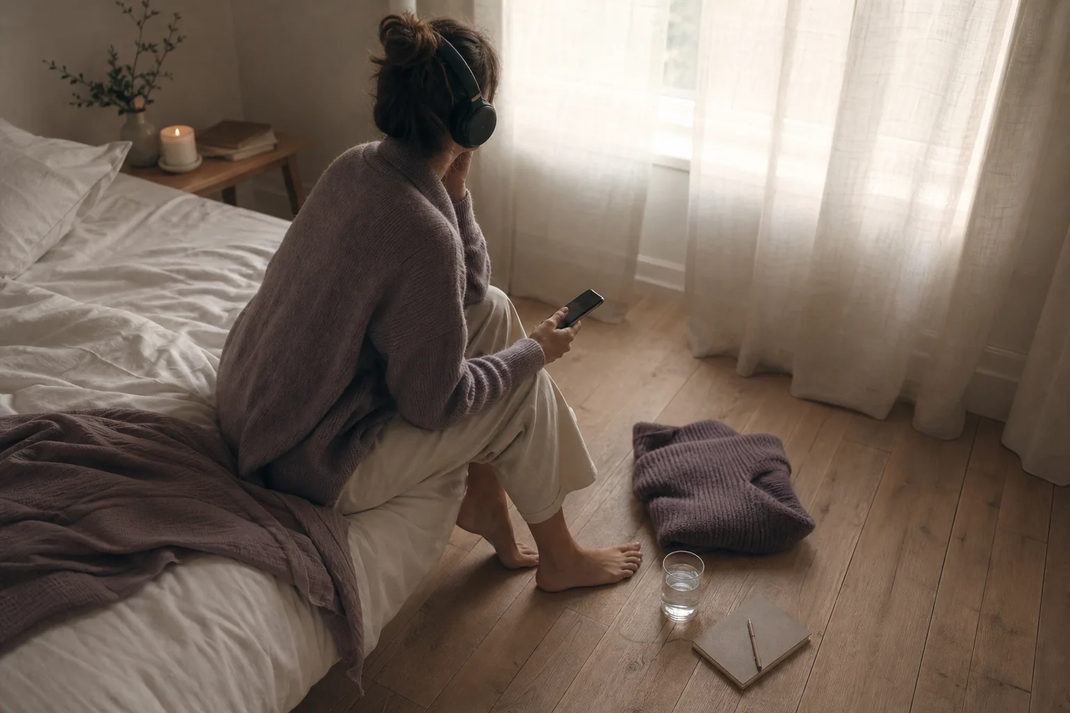 Person listening quietly beside a dawn-lit window