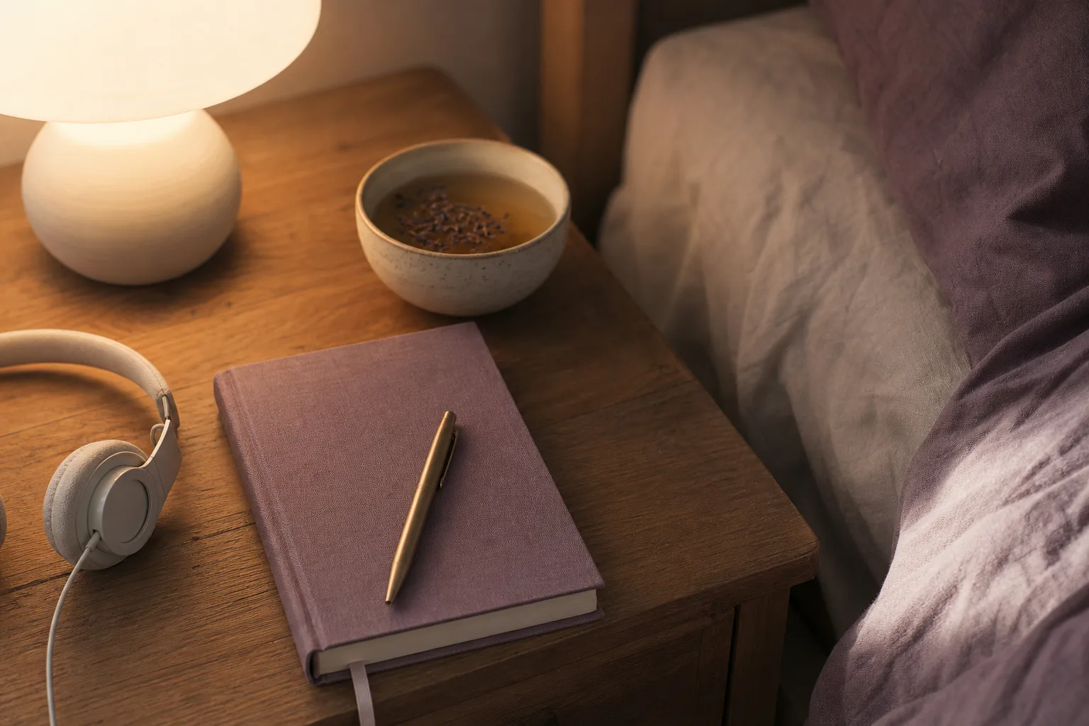 Té junto a la cama y audífonos bajo una luz nocturna suave