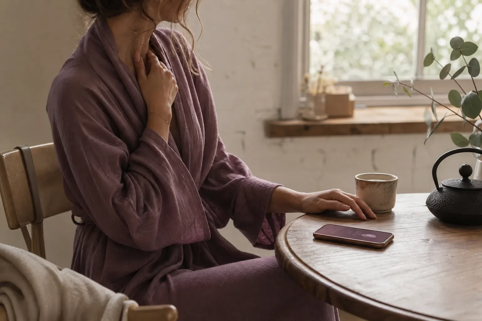 Mujer tranquila escuchando junto a una tetera por la mañana
