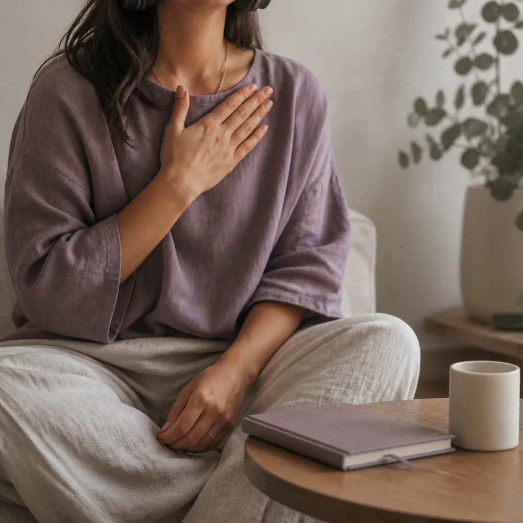 Person listening with one hand on the chest