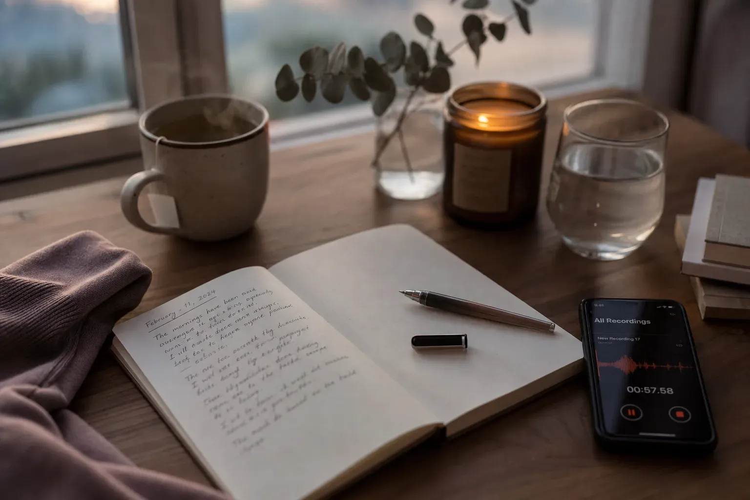 Notebook and phone prepared for quiet audio scripting
