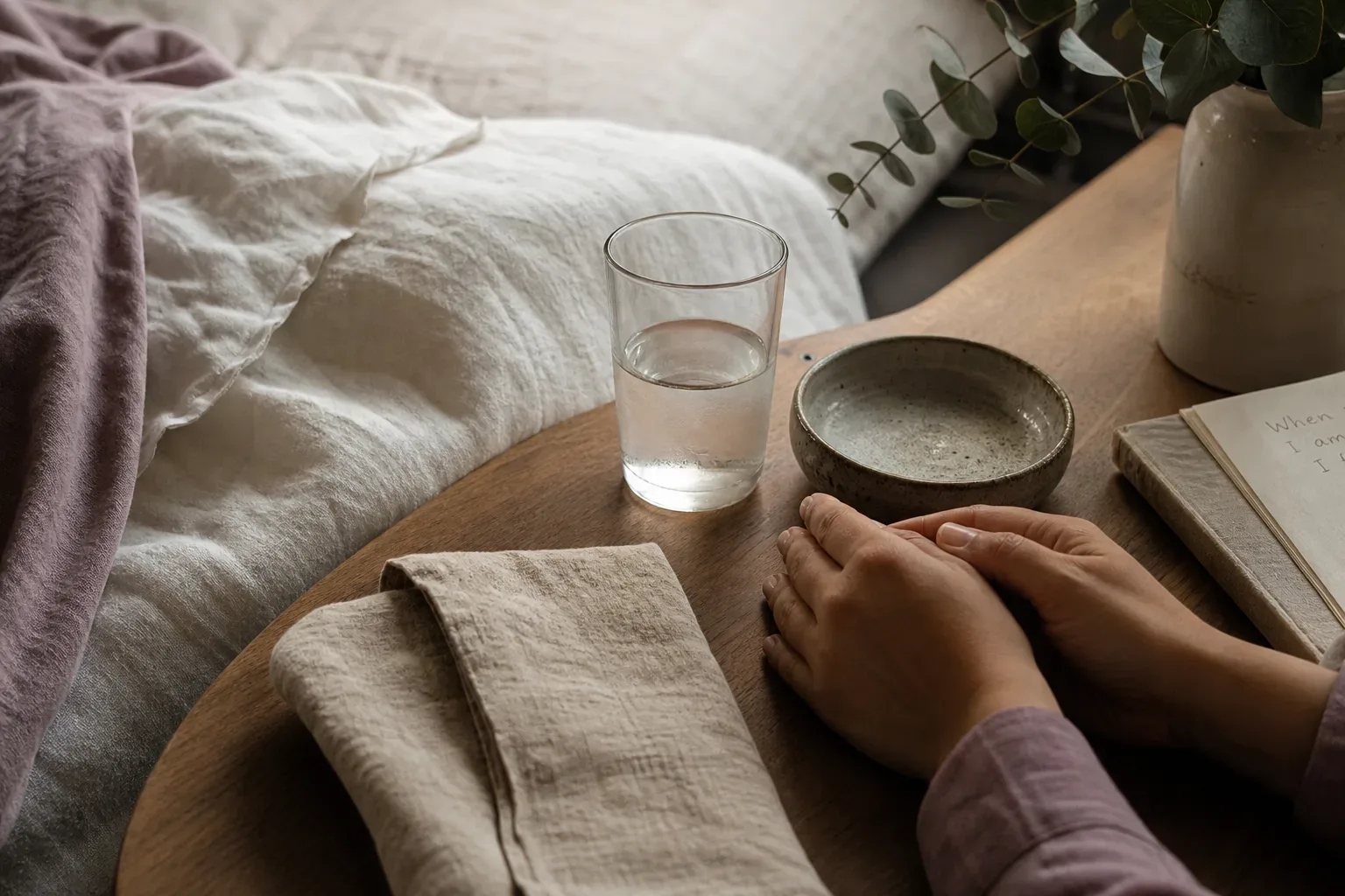 Hands holding a small ceramic bowl near morning light
