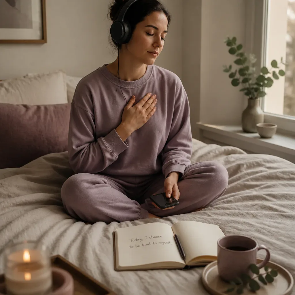 Person listening quietly with hand on heart