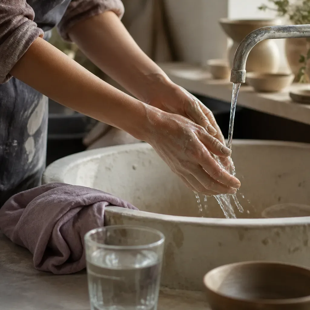 Clay-covered hands rinsing under studio water
