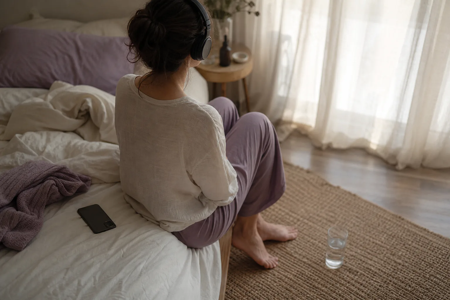 Woman listening quietly beside an unmade morning bed