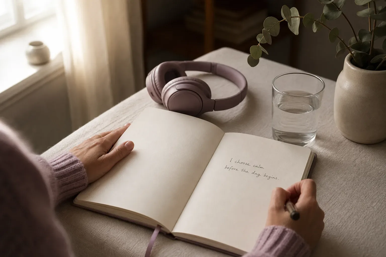 Notebook and headphones on a quiet morning table