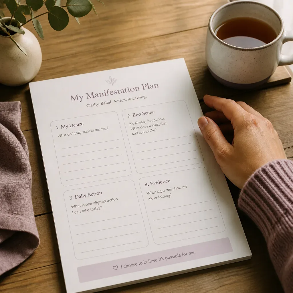 Manifestation worksheet with desire and action notes