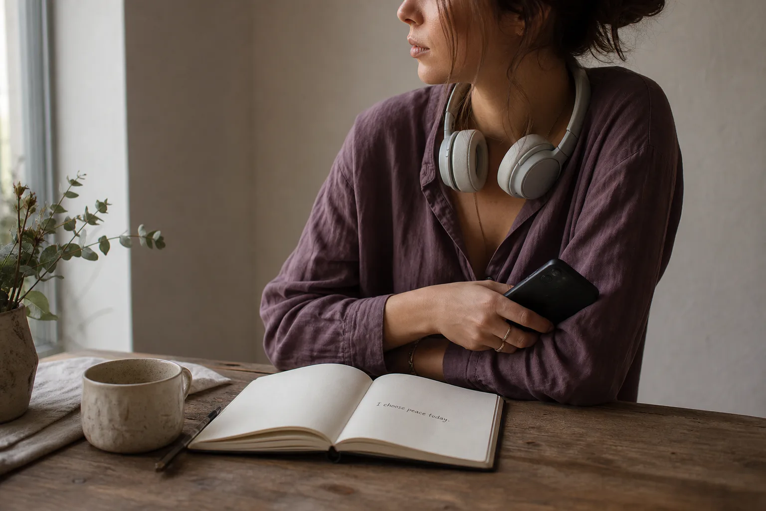 Người phụ nữ lắng nghe yên lặng bên cửa sổ buổi sáng