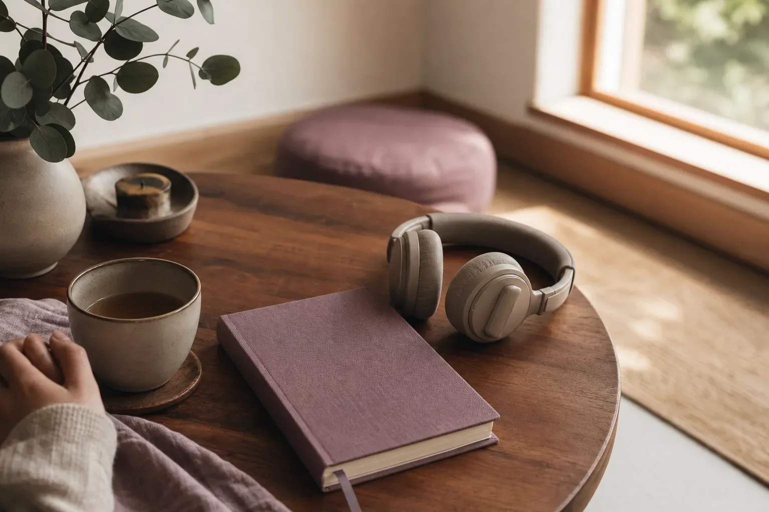 Mesa tranquila con audífonos y un cuaderno abierto