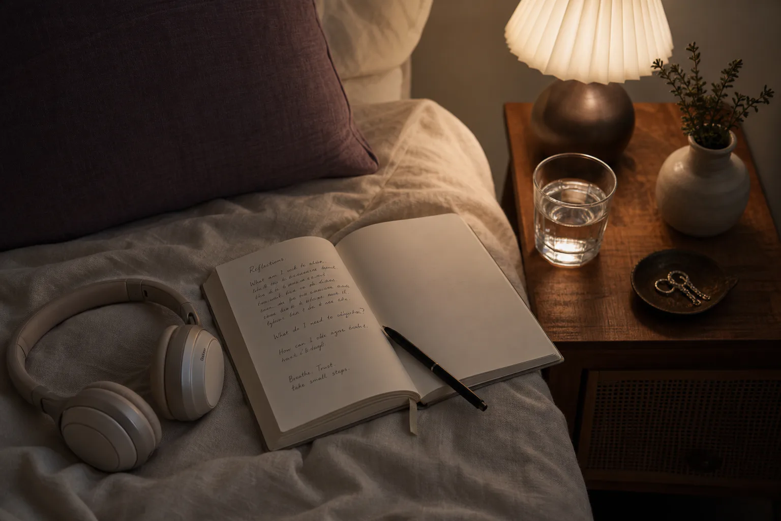 Cuaderno y audífonos junto a una lámpara tenue de noche