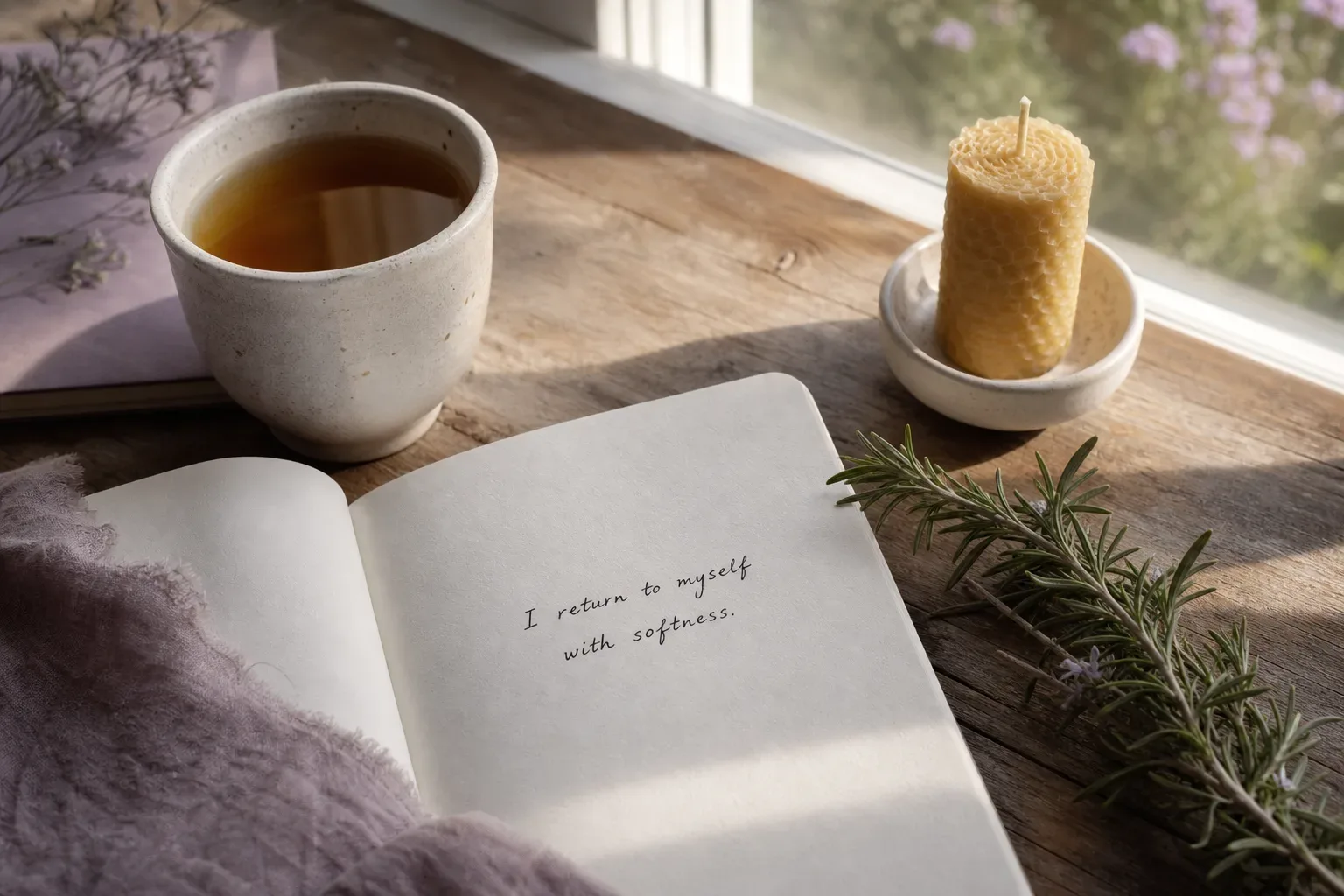 Mesa de té iluminada por el sol con cuaderno y vela