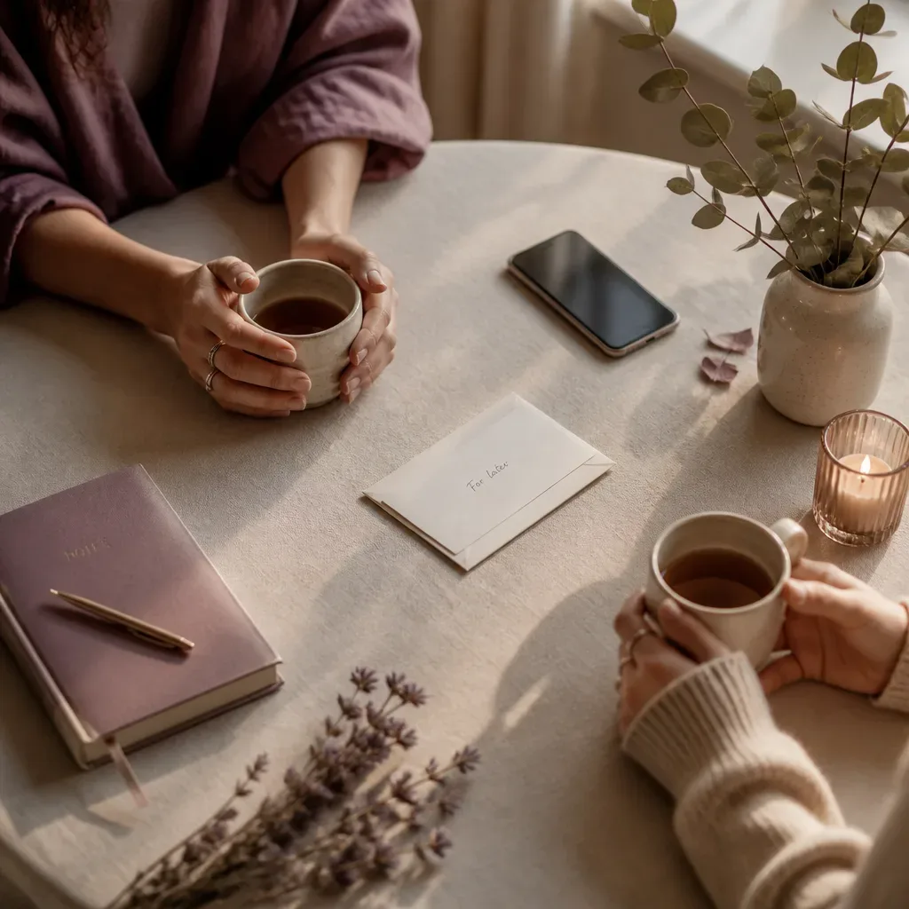 Two cups and a note on a quiet table