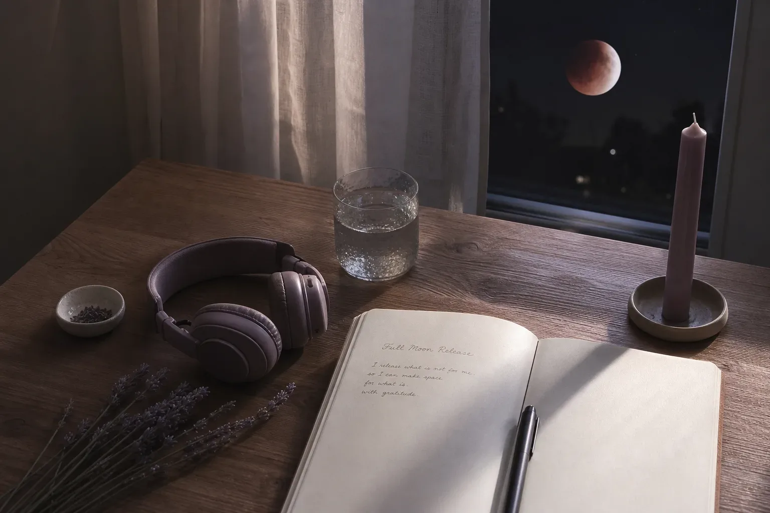 Moonlit table with journal, headphones, and water glass