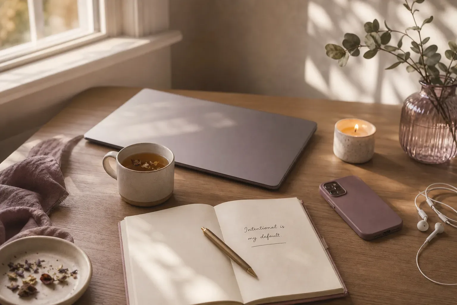 Escritorio tranquilo con té antes del trabajo matutino