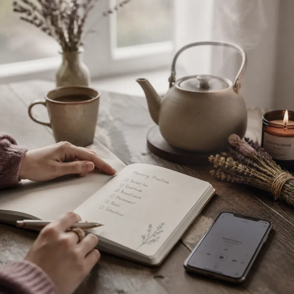 Cuaderno matutino junto al té y la práctica de audio