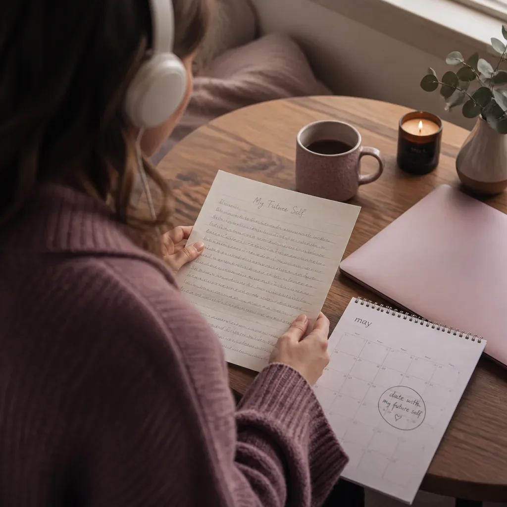 Woman listening to future-self audio at a quiet desk