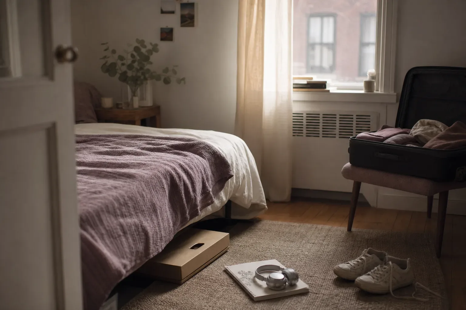 Open suitcase beside a quiet apartment window