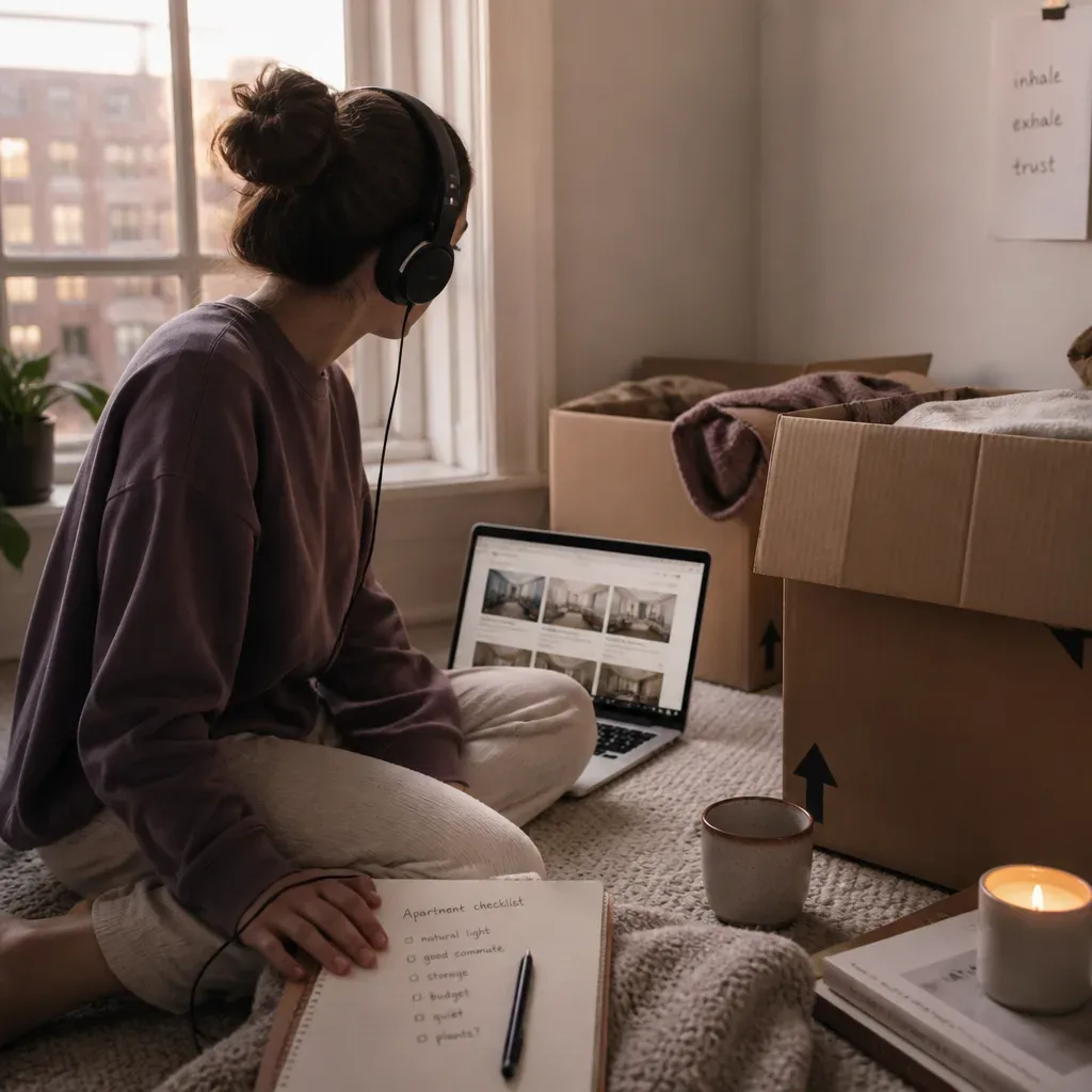 Person listening beside half-packed moving boxes