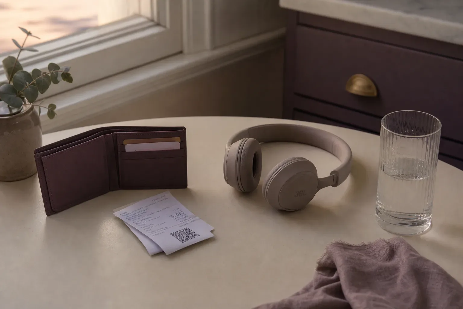 Open wallet beside headphones on a quiet table