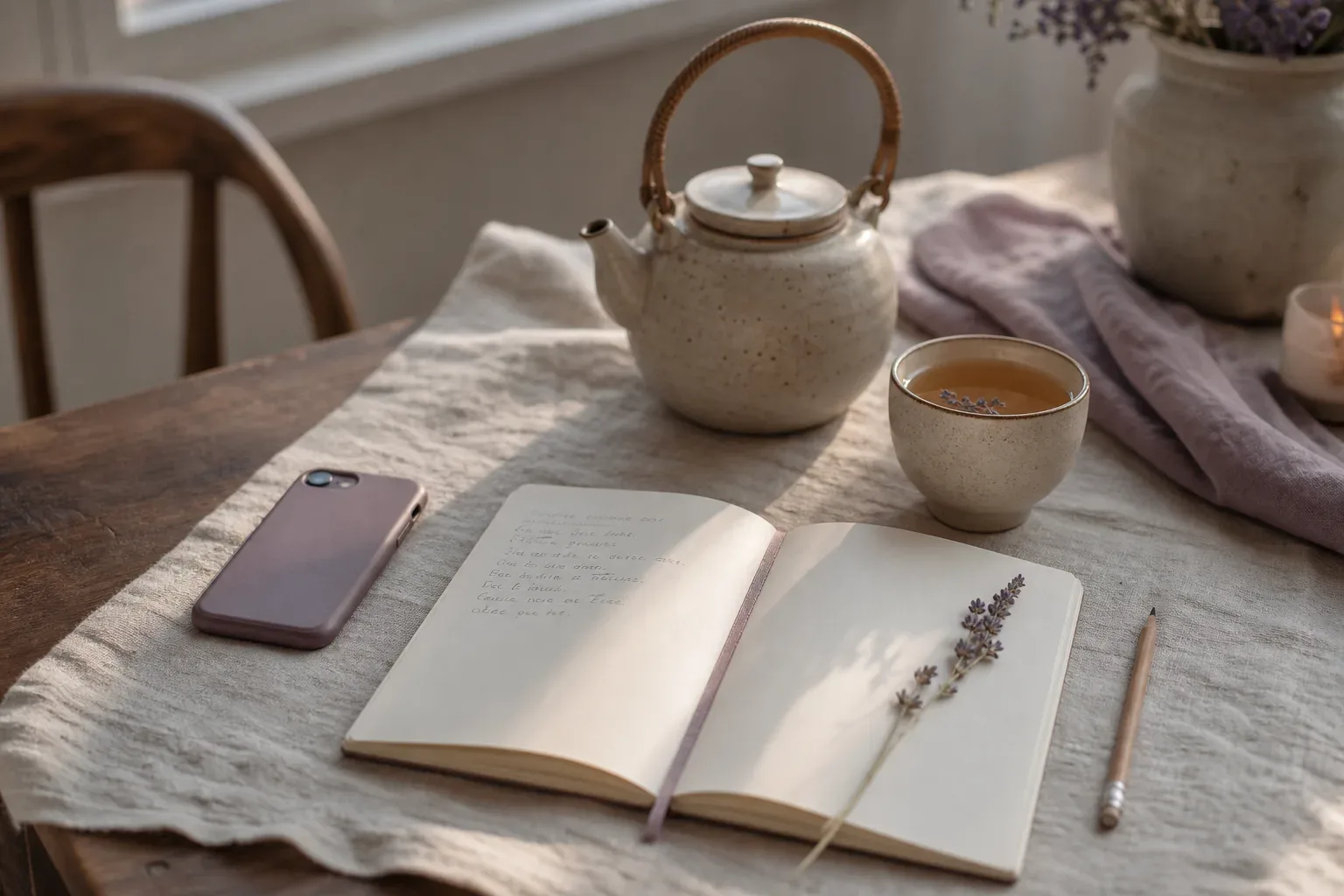 Quiet kettle and journal beside morning window