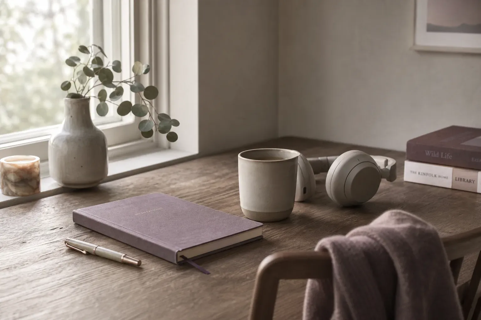 Notebook and headphones beside a quiet morning window