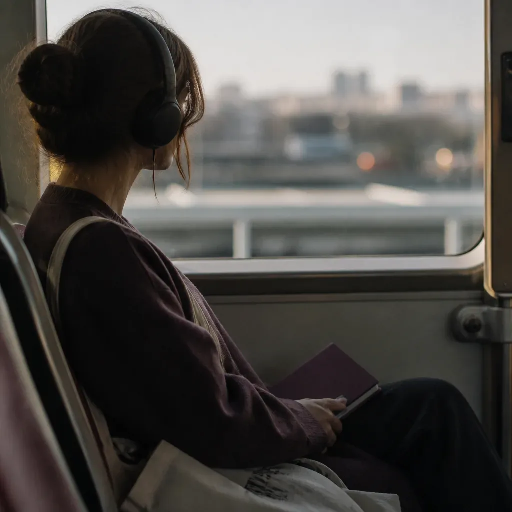 Słuchawki i notes w porannym autobusie