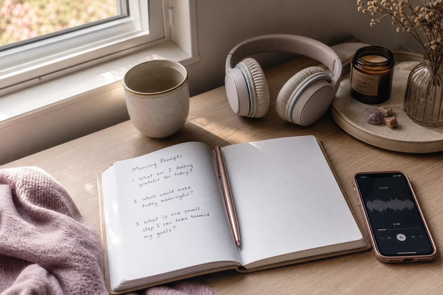 Open journal beside headphones in soft morning light