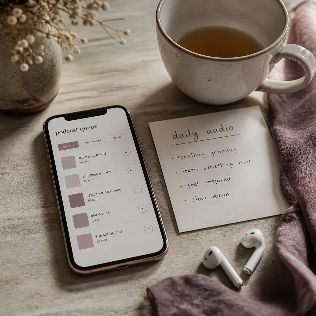 Podcast queue beside a daily audio card