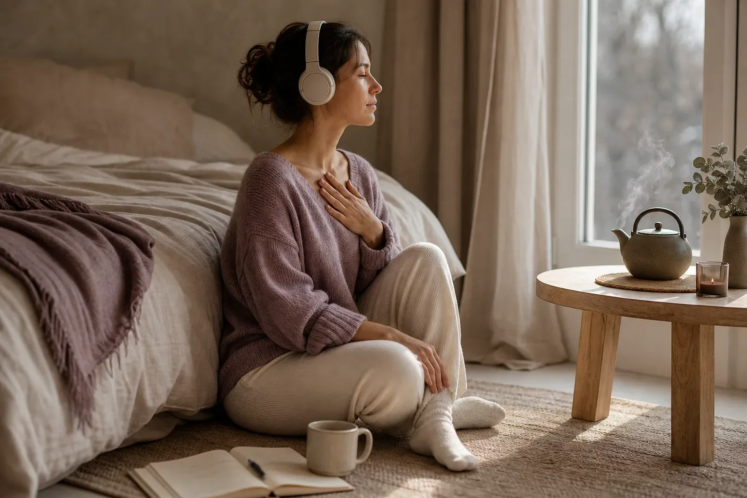 Woman listening quietly beside a candlelit window