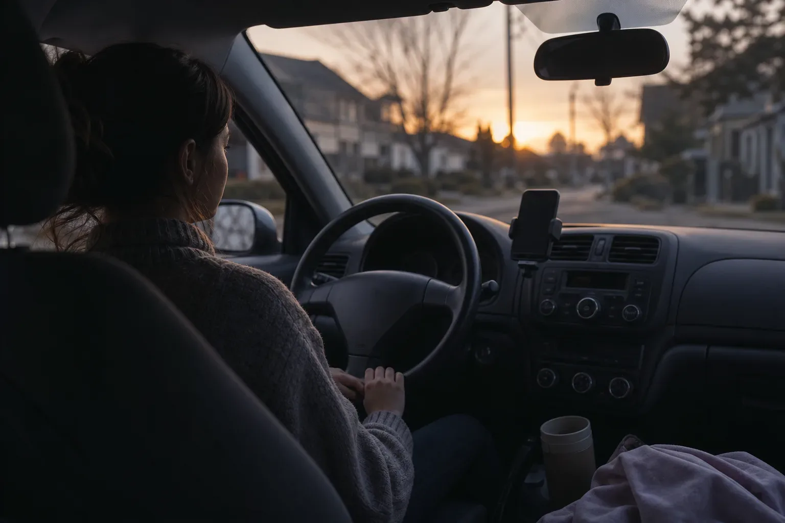 Persona alla guida che ascolta in silenzio in un’auto parcheggiata all’alba
