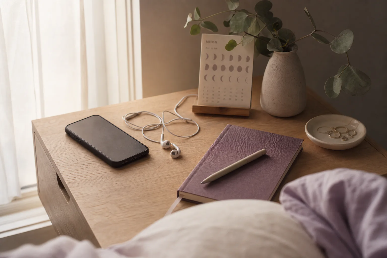Quiet desk with moon calendar and headphones