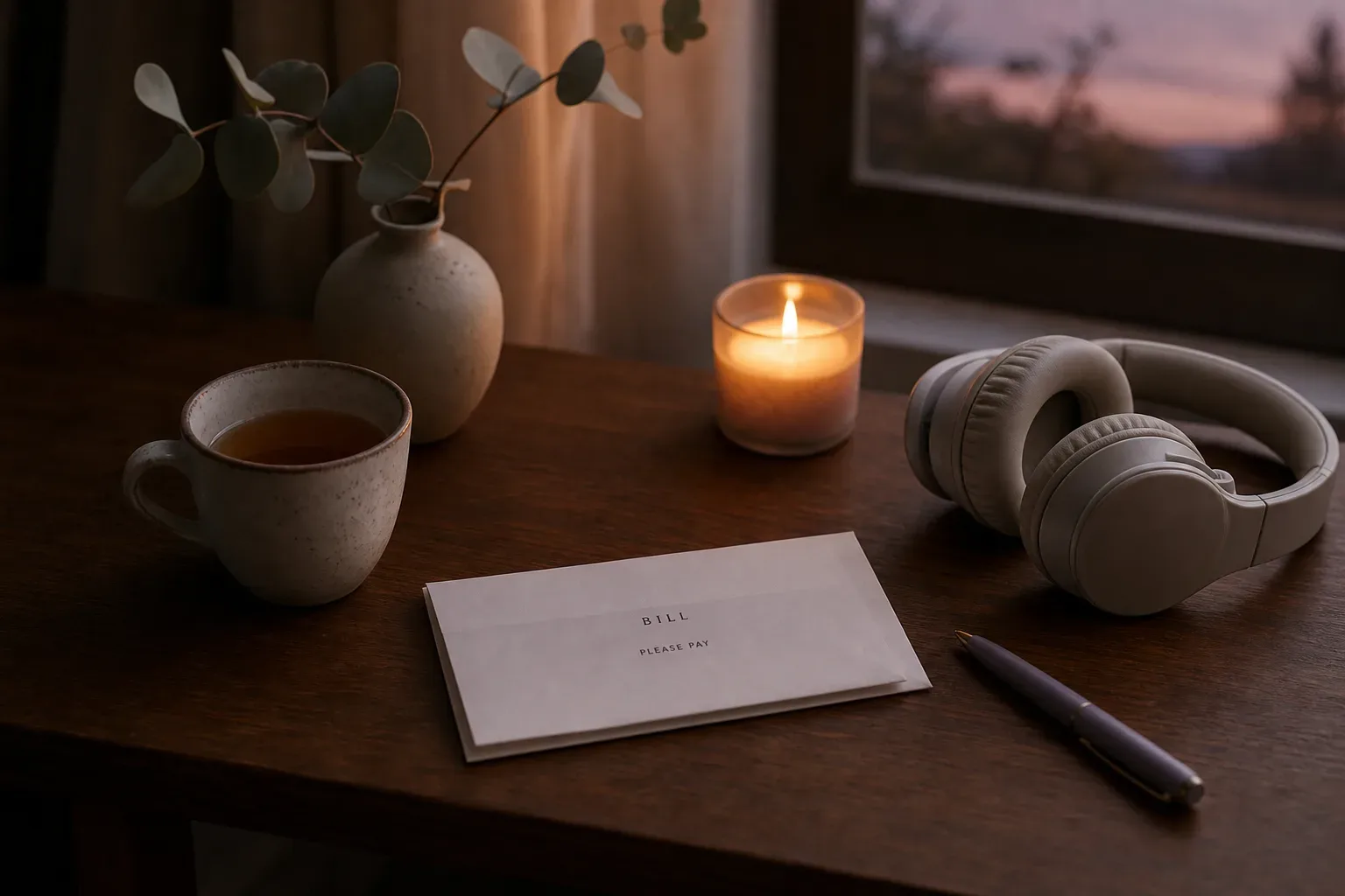 Quiet desk with bills candle and headphones