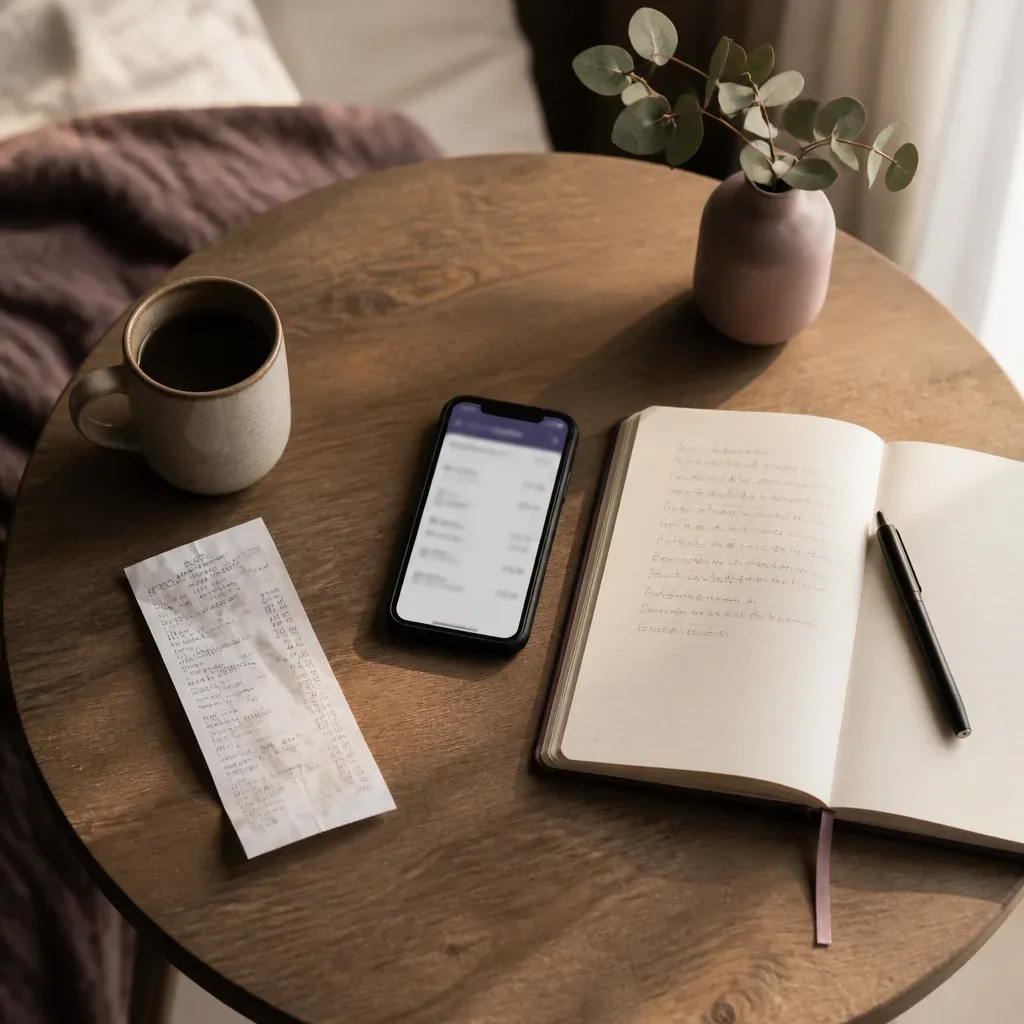 Receipt and notebook beside a paused banking screen